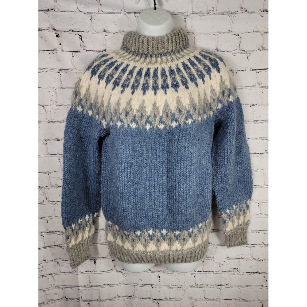 Vintage Blue Grey Chunky Knit Fair Isle Sweater Nethy Brand Womens Size L